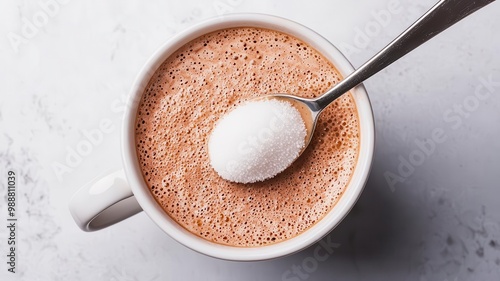 Spoonful of erythritol being added to a cup of hot chocolate, symbolizing low-calorie sweetness   erythritol, low-calorie sweetener photo