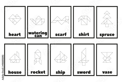 Tangram puzzle for children. Tangram line icons isolated. A set of educational tangram cards with 
objects. Black and white geometric collection.
