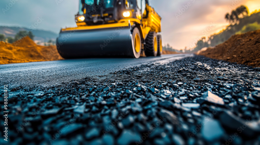 Steam roller paving a new highway section at sunset in a rural area, showcasing construction and machinery in action Steam roller paving a new highway section at sunset in a rural area, showcasing construction and machinery in action