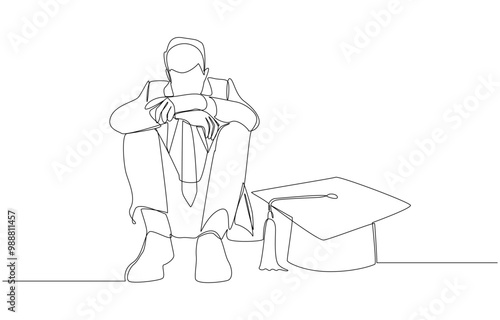 Continuous one line drawing of new graduate sitting sadly hugging knees next to graduation cap, unemployment of new graduates concept, single line art.