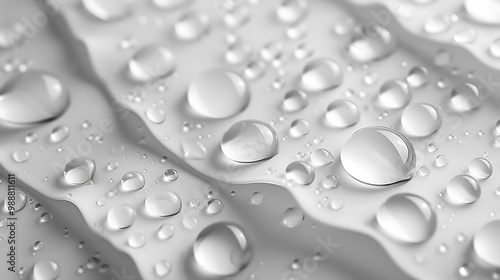 Close-up of water droplets on a smooth surface, showcasing texture and light reflection.