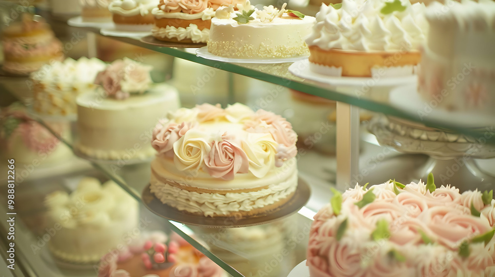 Delicate Floral Cakes in a Bakery Showcase Delicate Floral Cakes in a Bakery Showcase
