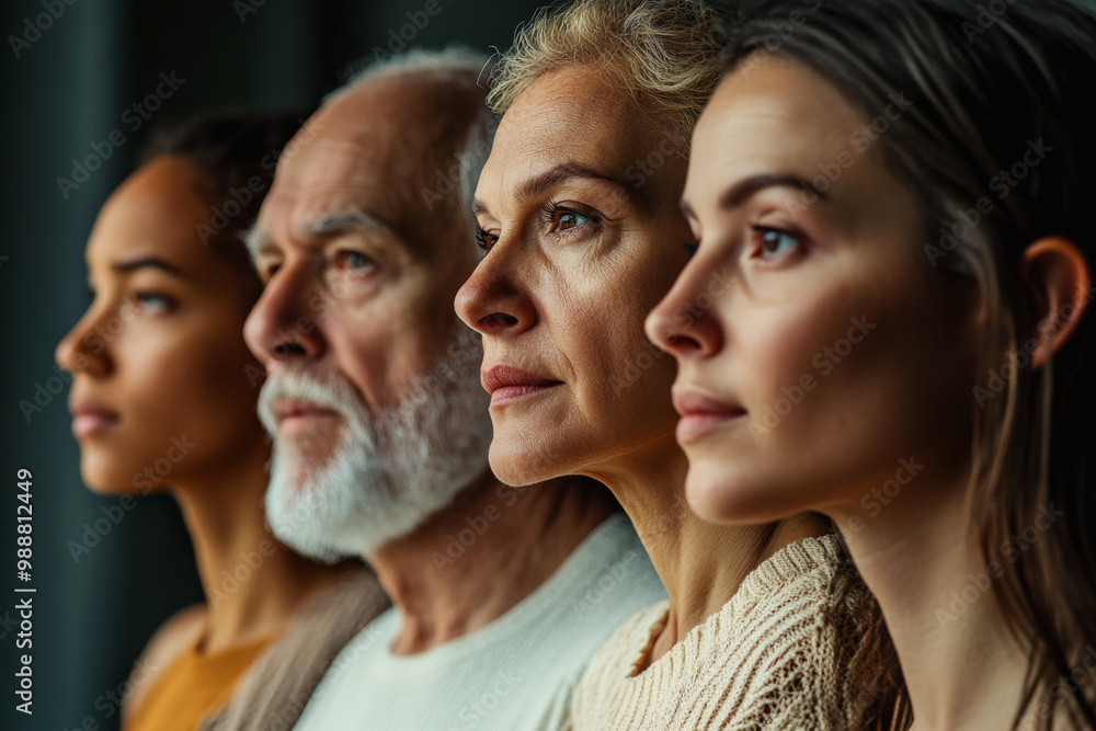 Side profile of diverse multi-generational family looking forward. Group of people are standing together and looking towards future with hope. Concept of family bonds, unity and passage of time Side profile of diverse multi-generational family looking forward. Group of people are standing together and looking towards future with hope. Concept of family bonds, unity and passage of time