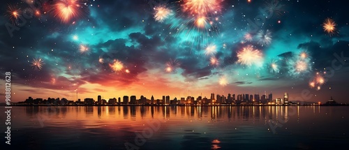 A vibrant city skyline at sunset, illuminated by colorful fireworks reflecting on water.