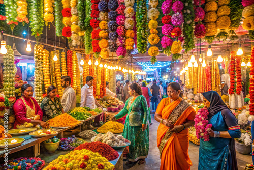 People doing shopping in decorated market on the occasion of Diwali Eve a Hindu Festival. Diwali market photo