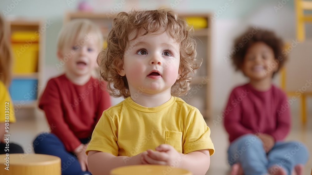 Toddlers singing along with a caregiver during circle time in a daycare classroom sing-along, musical learning Toddlers singing along with a caregiver during circle time in a daycare classroom sing-along, musical learning