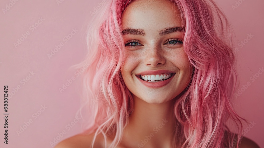 happy woman with bright pink hair smiling confidently, showing off a cheerful personality and unique colorful hairstyle in a trendy and fun fashion expression happy woman with bright pink hair smiling confidently, showing off a cheerful personality and unique colorful hairstyle in a trendy and fun fashion expression