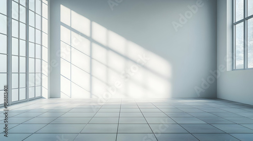 Empty Room with Large Windows and Tile Floor - 3D Illustration