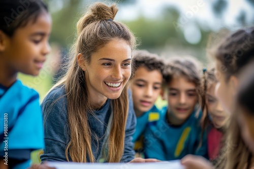 Female coach and group of kids analyzing game plan during PE class at school, Generative AI