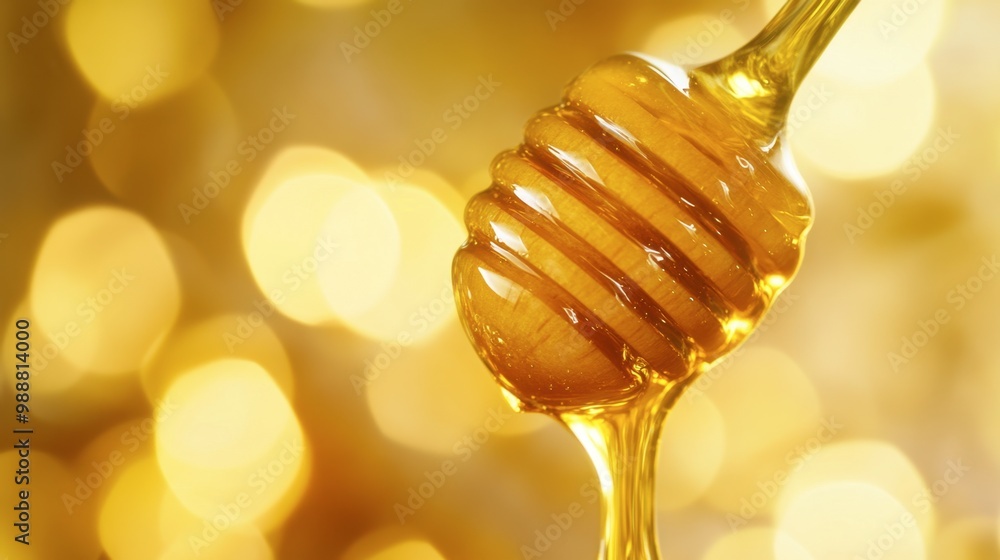 A close-up of a honey dipper dripping golden honey with a yellow background in soft focus. A close-up of a honey dipper dripping golden honey with a yellow background in soft focus.