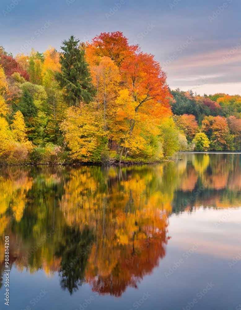 Colorful Autumn Foliage Reflecting in Still Lake, Creating a Picture-Perfect Scene Colorful Autumn Foliage Reflecting in Still Lake, Creating a Picture-Perfect Scene