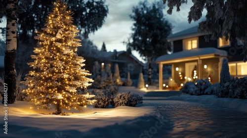 A snowy outdoor scene with a beautifully decorated Christmas tree glowing in the evening light