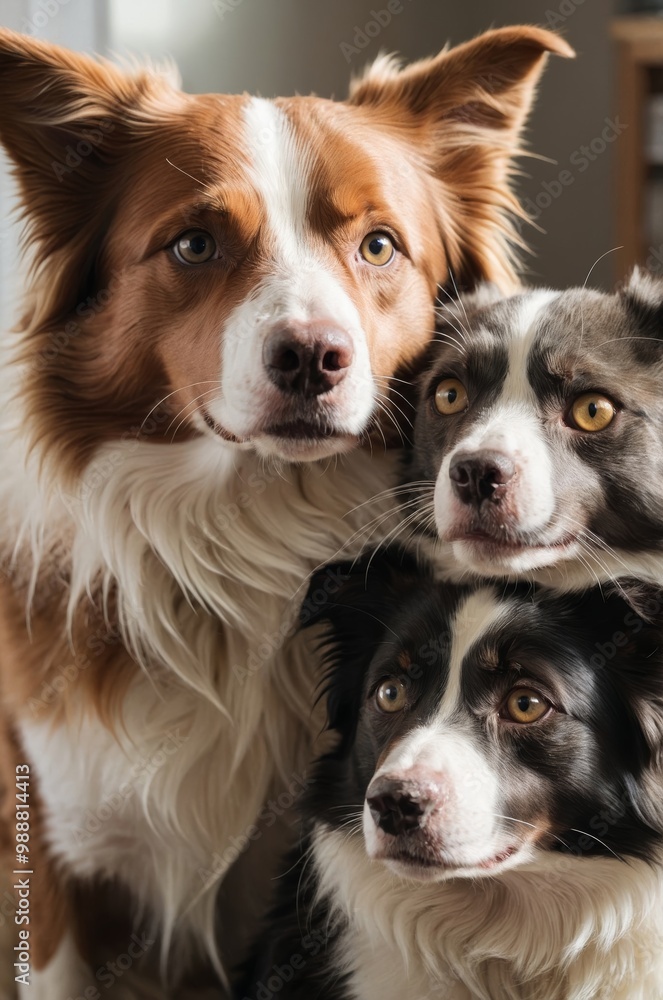 Three border collie puppies looking at camera in soft light Three border collie puppies looking at camera in soft light