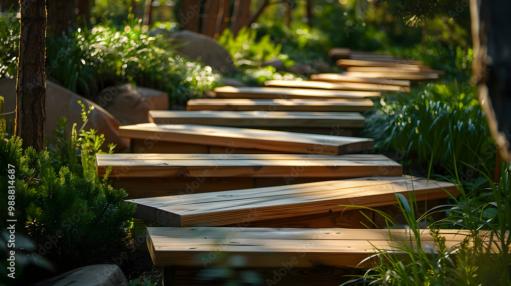 Fototapeta premium Wooden Path Through a Lush Garden
