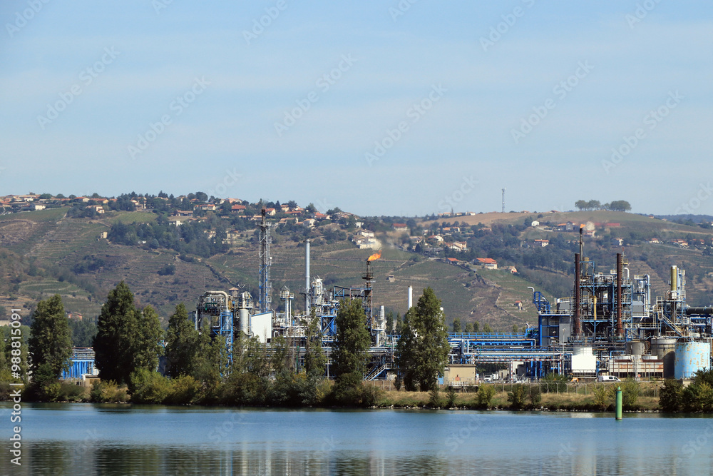 Fototapeta premium view of riverside petrochemical industrial site