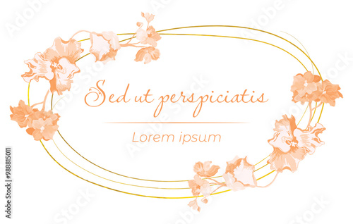 Monochrome flowers are put on a circular frame on a white background. The frame is made from a thin golden line of African flowers. Vintage floral frame for any design ideas.