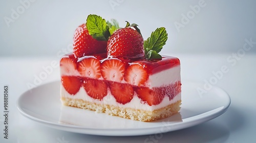 A slice of strawberry cake with cream and topped with fresh strawberries and mint leaves on a white plate.