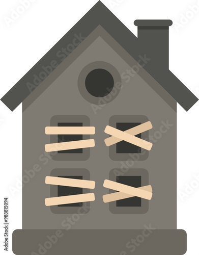 This illustration features a dilapidated gray house with boarded windows, conveying a sense of abandonment and neglect