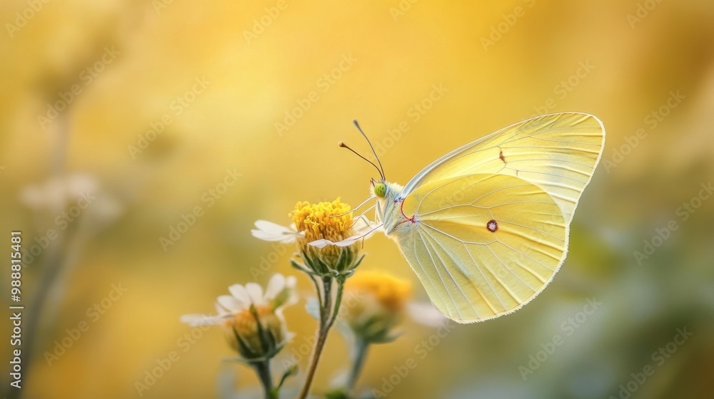 Naklejka premium A close-up of a yellow butterfly resting on a flower with a soft yellow background.
