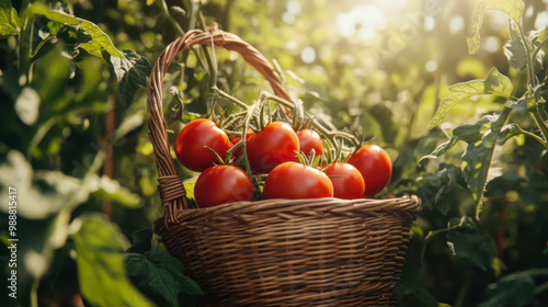 Freshly picked red tomatoes in a wicker basket on the ground during a sunny day in a garden