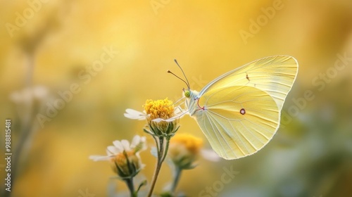 A close-up of a yellow butterfly resting on a flower with a soft yellow background.