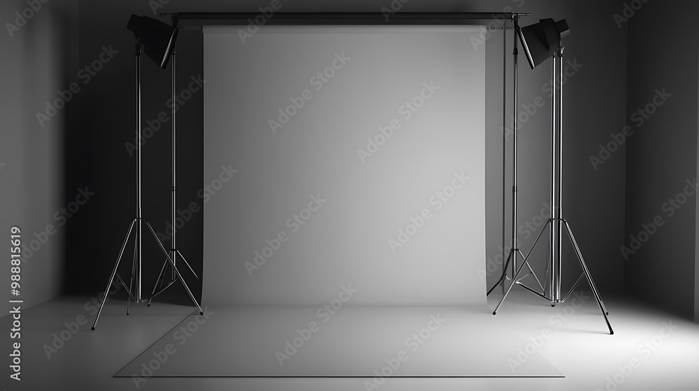 Empty photo studio with white backdrop and two spotlights. Empty photo studio with white backdrop and two spotlights.