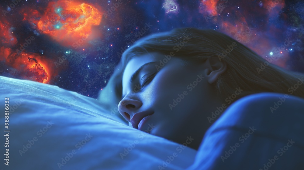 A woman is sleeping in her bed at night A woman is sleeping in her bed at night