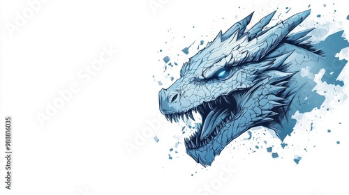 A battlescarred ice dragon with shattered ice armor, fierce expression, highdetail illustration, cold colors, isolated on white background photo