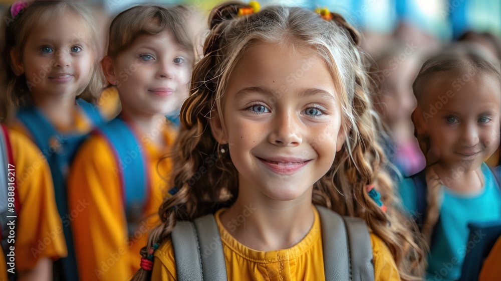 A group of happy school children with backpacks, smiling and interacting with each other. A group of happy school children with backpacks, smiling and interacting with each other.