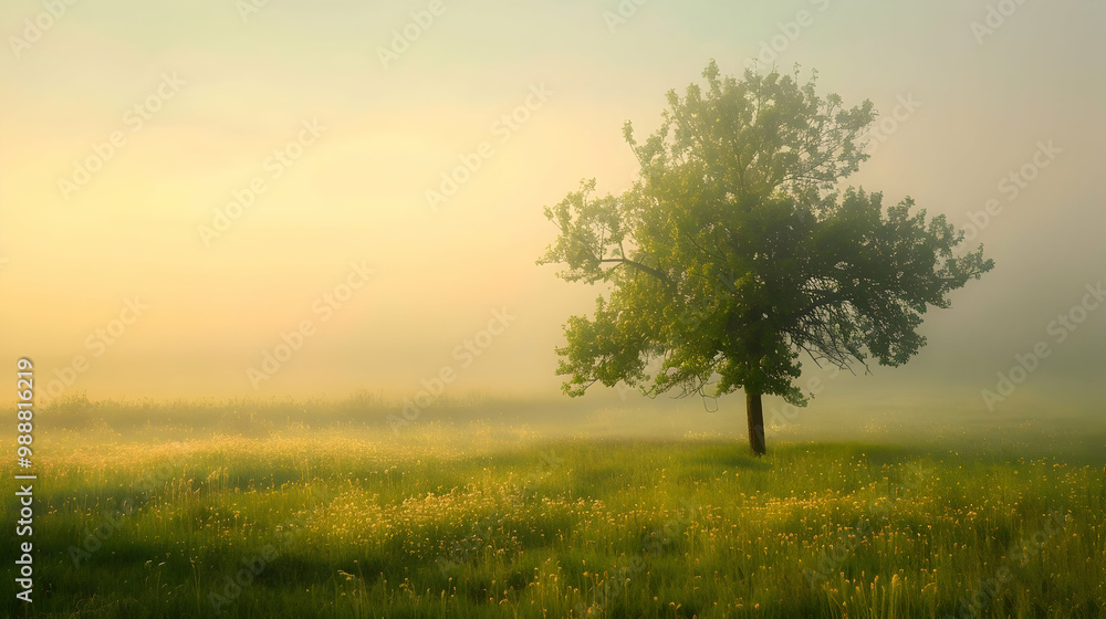 Solitary Tree in a Misty Field at Sunrise Solitary Tree in a Misty Field at Sunrise