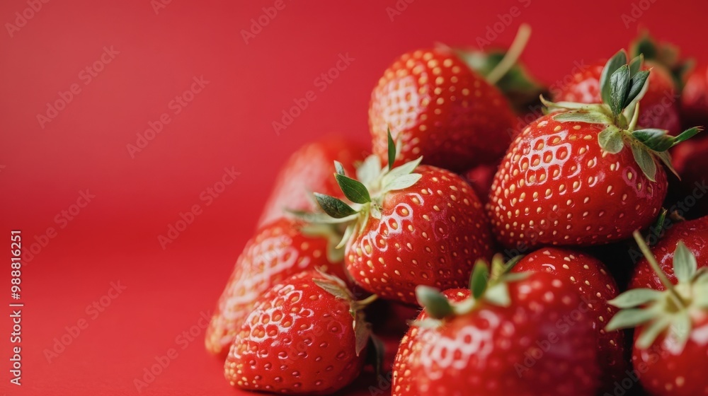 A close-up of juicy red strawberries set against a red background, highlighting their texture. A close-up of juicy red strawberries set against a red background, highlighting their texture.