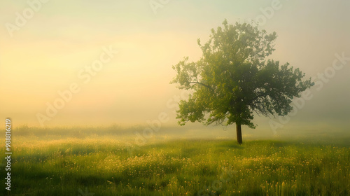 Wallpaper Mural Solitary Tree in a Misty Field at Sunrise Torontodigital.ca
