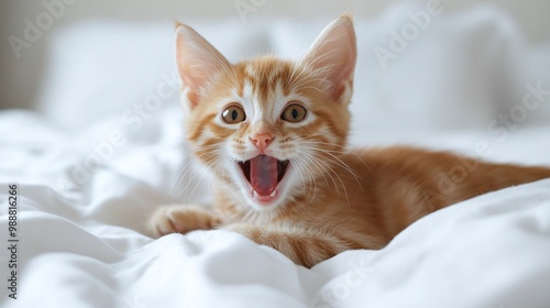 joyful orange kitten lying on white bed sheets with mouth open capturing the playful and adorable nature of this fluffy kitten in a cozy and relaxed home environment