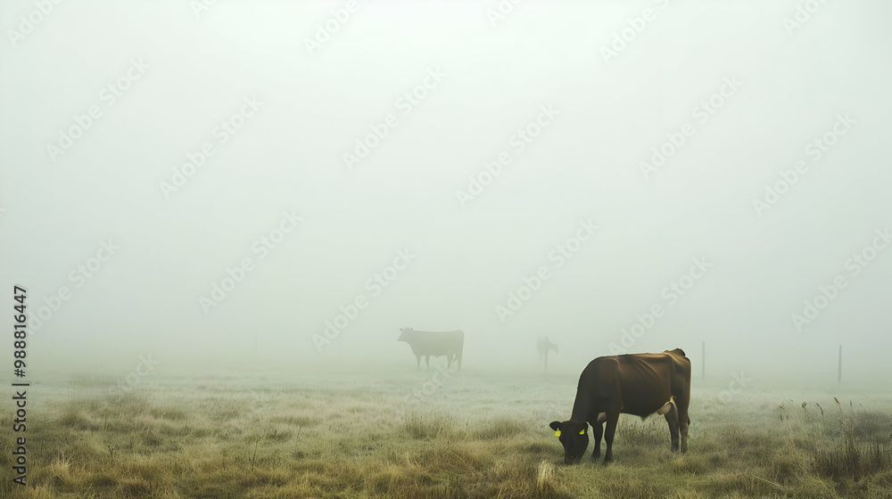 Cows Grazing in a Foggy Field - Peaceful Rural Landscape Cows Grazing in a Foggy Field - Peaceful Rural Landscape