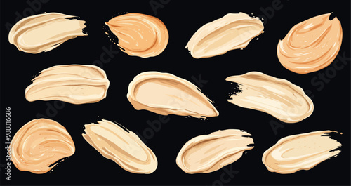 Scrub cream swatches set. Cosmetic skin care product. Creamy texture samplers. Foundation body lotion concealer face mask. natural soft flesh tone. Cartoon style isolated vector clipart collection on