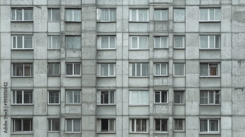 Facade of a Grey Multi-storey Panel building in Russia, Soviet architecture houses