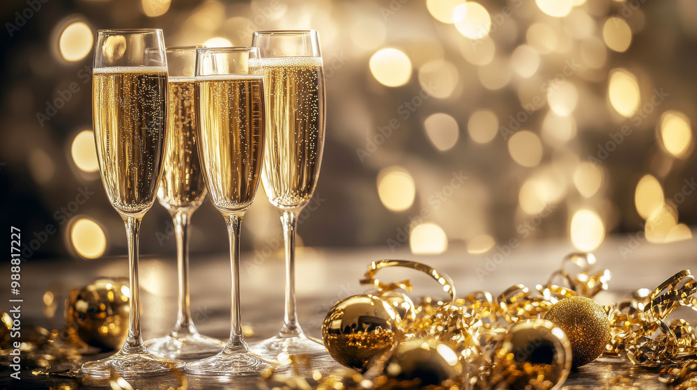 Four glasses filled with champagne are on a table with Christmas decorations Four glasses filled with champagne are on a table with Christmas decorations