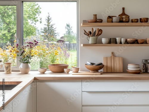 Wallpaper Mural A kitchen with a white countertop and wooden shelves. There are several bowls and vases on the countertop Torontodigital.ca