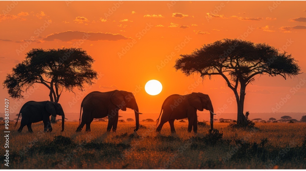 Fototapeta premium A sunset safari scene with an orange sky, silhouettes of elephants and acacia trees creating a dramatic landscape.