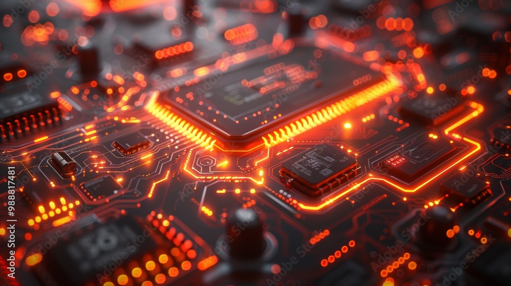 Futuristic Circuit Board Background with Glowing Red and Orange Lights, High-Tech Digital Technology Concept Futuristic Circuit Board Background with Glowing Red and Orange Lights, High-Tech Digital Technology Concept