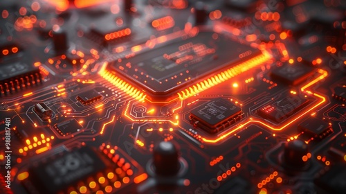 Futuristic Circuit Board Background with Glowing Red and Orange Lights, High-Tech Digital Technology Concept