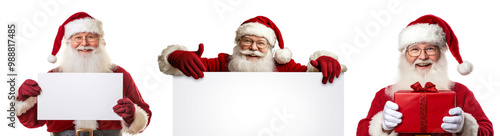 Three Santa Claus holding a white sign and a red gift on white background