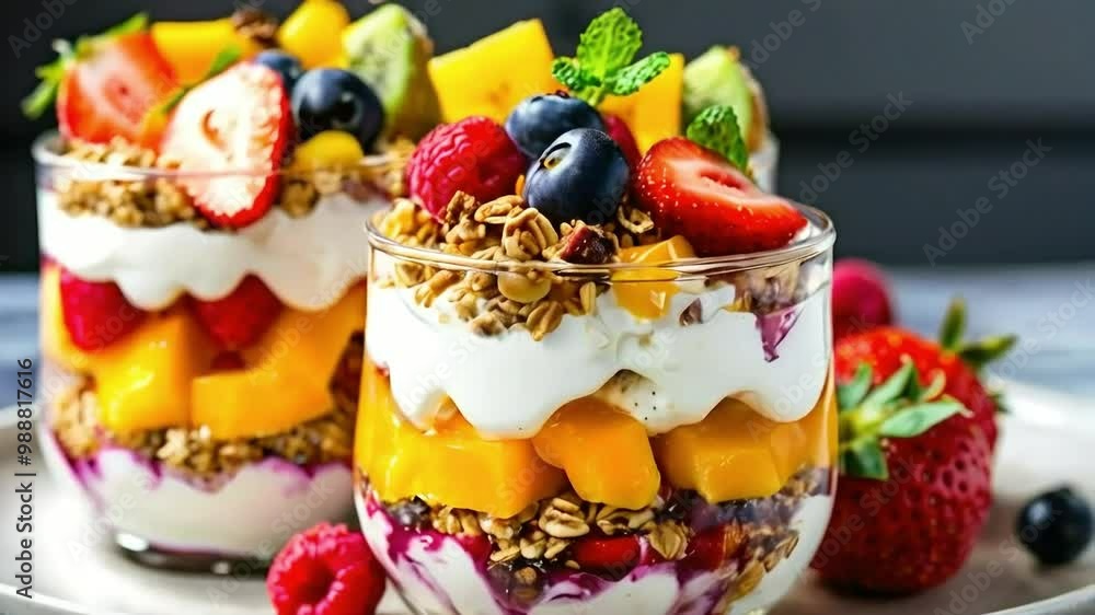 Delicious Fruit and Yogurt Parfait Recipe with Mango, Strawberries, Blueberries, and Granola Delicious Fruit and Yogurt Parfait Recipe with Mango, Strawberries, Blueberries, and Granola