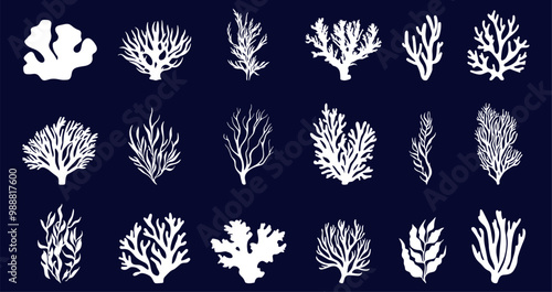 Sea coral and seaweed white silhouettes set on dark background. Underwater plants. Abstract organic shapes of nature marine ocean floral Sea life design elements. Cartoon style isolated vector clipart