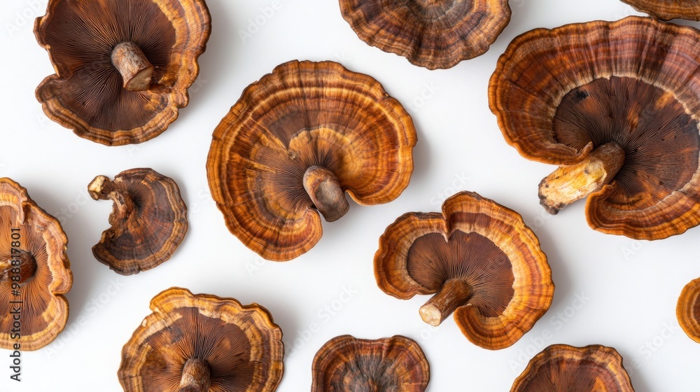 A cluster of Reishi mushrooms scattered on a white background, displaying their natural form and texture. A cluster of Reishi mushrooms scattered on a white background, displaying their natural form and texture.