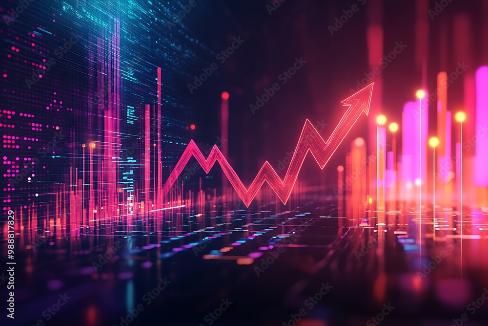 Futuristic digital stock market chart with neon lights and bar graphs Futuristic digital stock market chart with neon lights and bar graphs