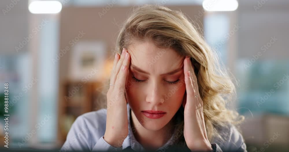 Headache, business woman and office with computer, stress and anxiety from work fail and brain fog. Tired, fatigue and report mistake with career pressure on labor law case at attorney firm with pain Headache, business woman and office with computer, stress and anxiety from work fail and brain fog. Tired, fatigue and report mistake with career pressure on labor law case at attorney firm with pain