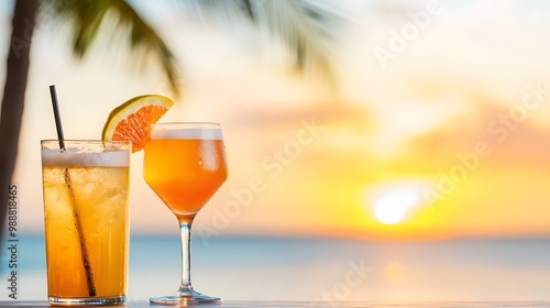 Vibrant Cocktails at a Seaside Bar - Relaxing Sunset Vibes with Palm Trees and Ocean Breeze Perfect for Tropical Getaways and Summer Escapes