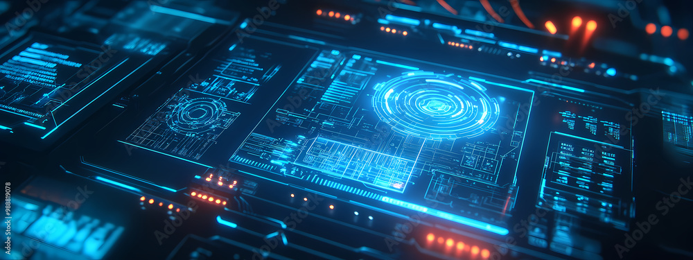 Obraz premium Advanced AI Control Panel with Neon Blueprints