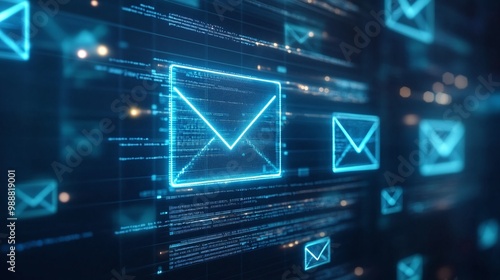 Digital email icons on a dark background, representing communication and messaging. Email Marketing concept.
